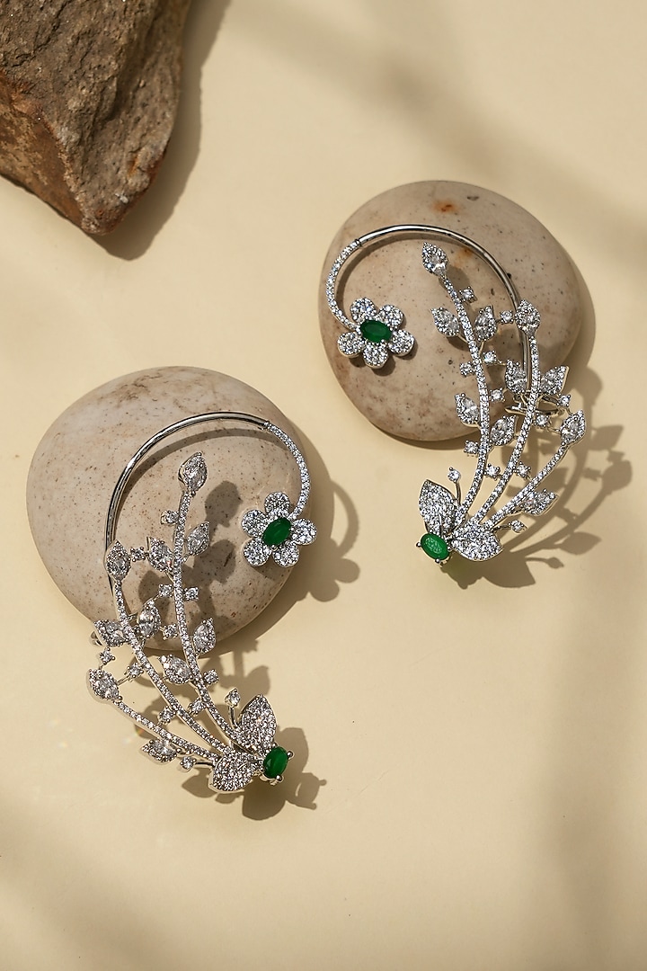 White Rhodium Finish American Diamond & Green Stone Earcuffs by Beryachi at Pernia's Pop Up Shop