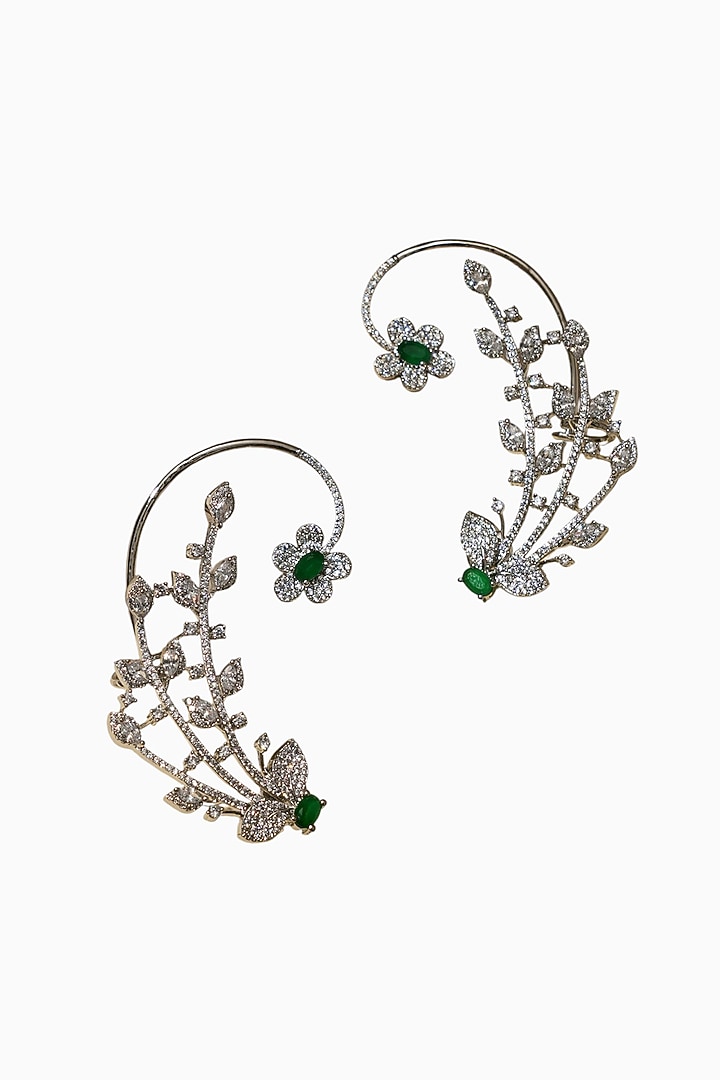 White Rhodium Finish American Diamond & Green Stone Earcuffs by Beryachi at Pernia's Pop Up Shop