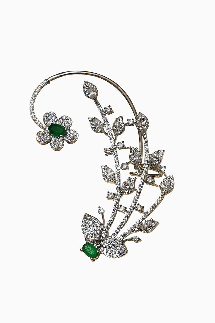 White Rhodium Finish American Diamond & Green Stone Earcuffs by Beryachi at Pernia's Pop Up Shop