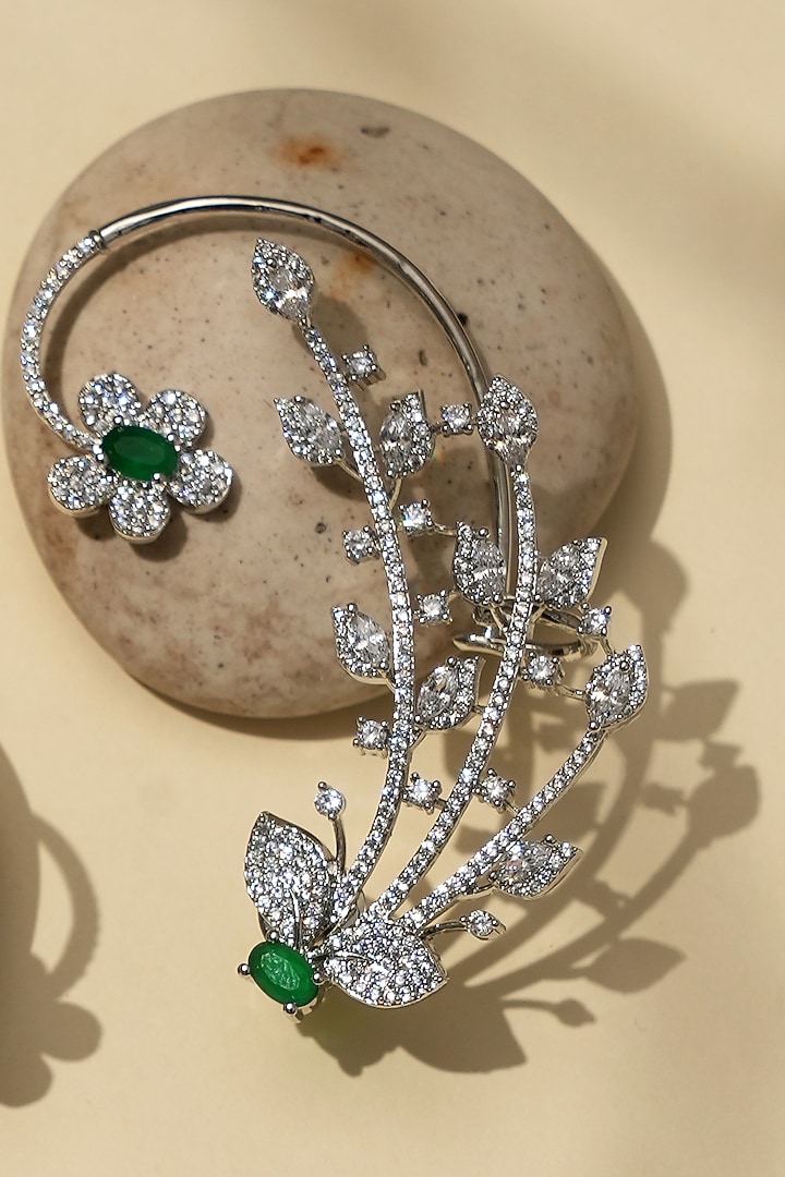 White Rhodium Finish American Diamond & Green Stone Earcuffs by Beryachi at Pernia's Pop Up Shop