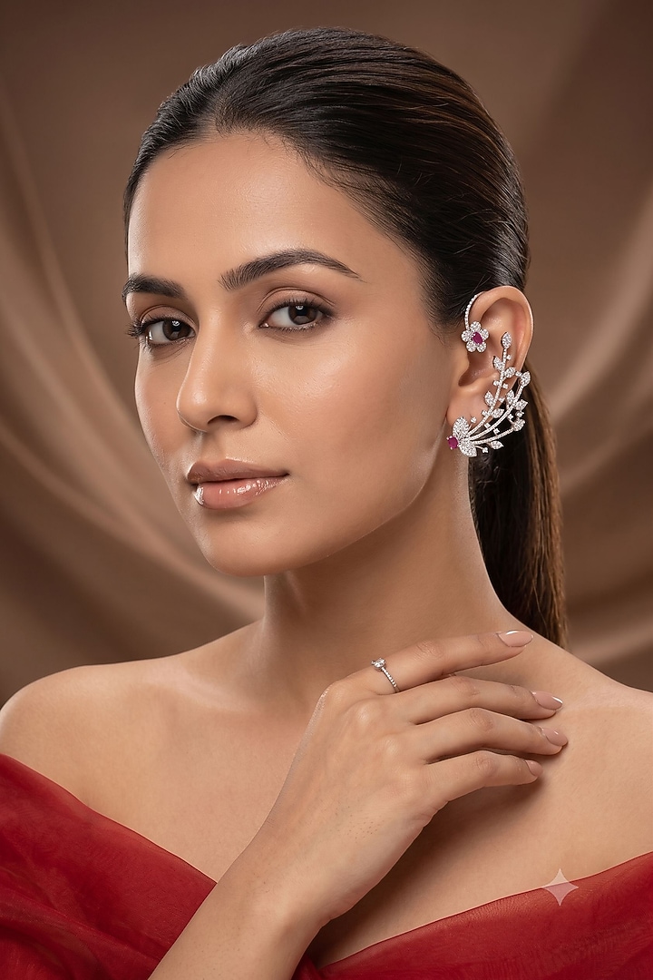 White Rhodium Finish American Diamond & Pink Stone Dangler Earrings by Beryachi at Pernia's Pop Up Shop