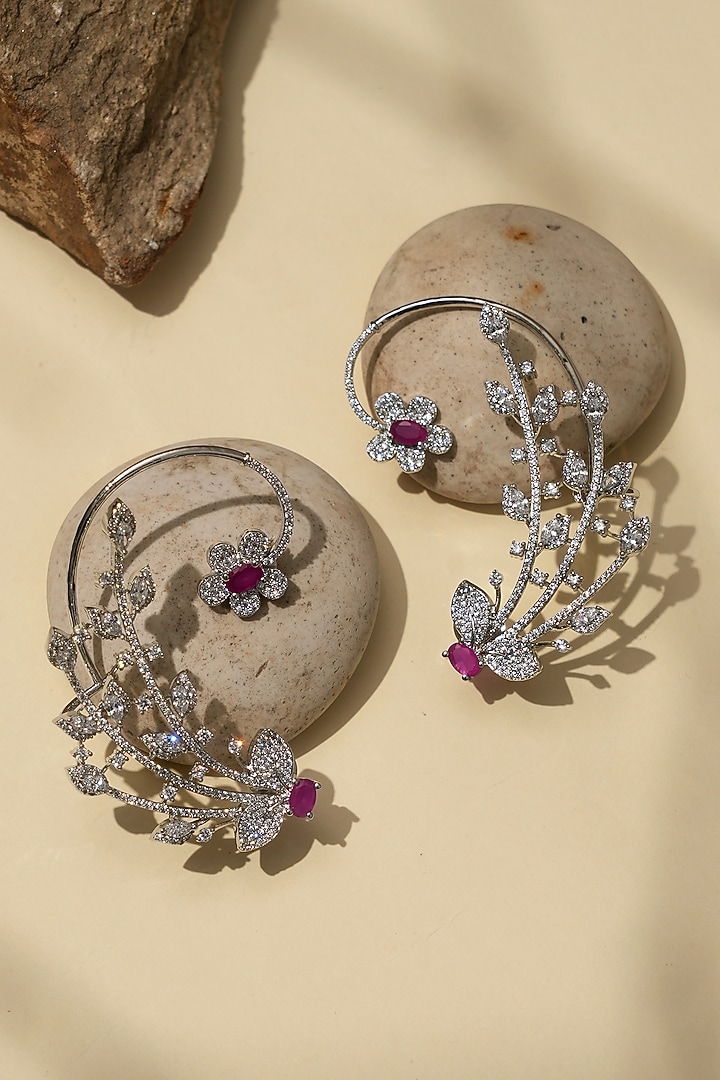 White Rhodium Finish American Diamond & Pink Stone Dangler Earrings by Beryachi at Pernia's Pop Up Shop