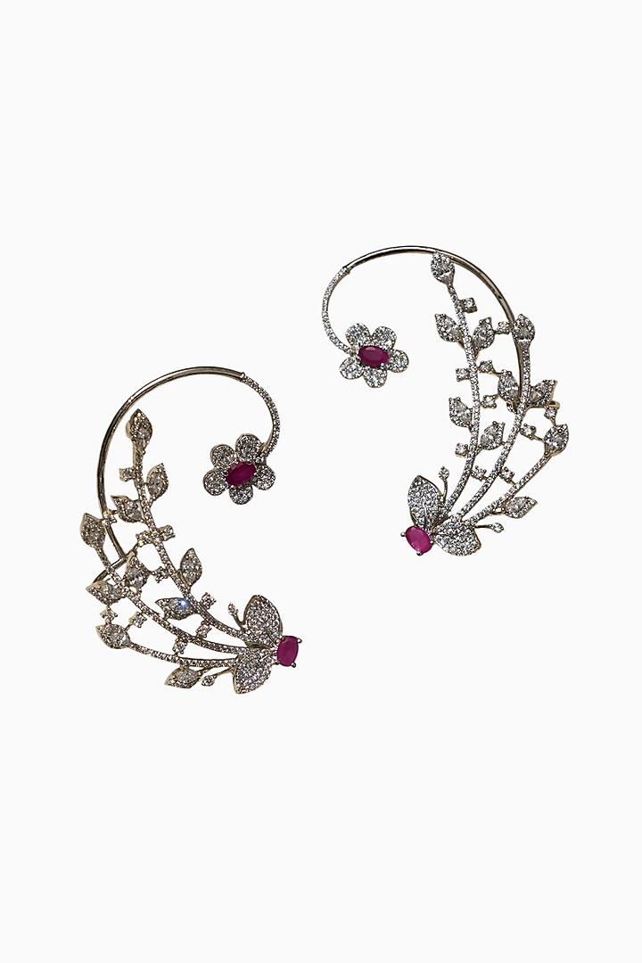 White Rhodium Finish American Diamond & Pink Stone Dangler Earrings by Beryachi at Pernia's Pop Up Shop