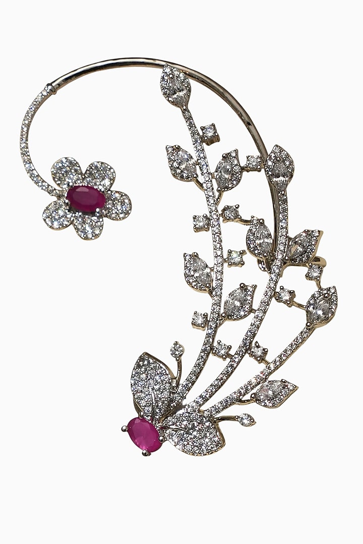 White Rhodium Finish American Diamond & Pink Stone Dangler Earrings by Beryachi at Pernia's Pop Up Shop