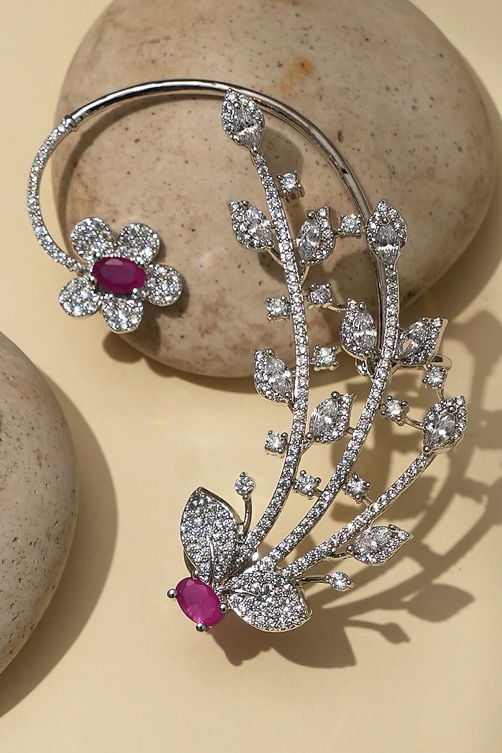 White Rhodium Finish American Diamond & Pink Stone Dangler Earrings by Beryachi at Pernia's Pop Up Shop