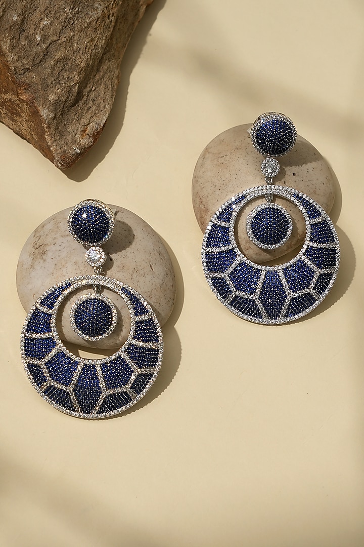 White Rhodium Finish American Diamond & Blue Stone Dangler Earrings by Beryachi at Pernia's Pop Up Shop