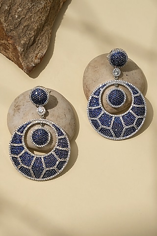 White Rhodium Finish American Diamond & Blue Stone Dangler Earrings by Beryachi
