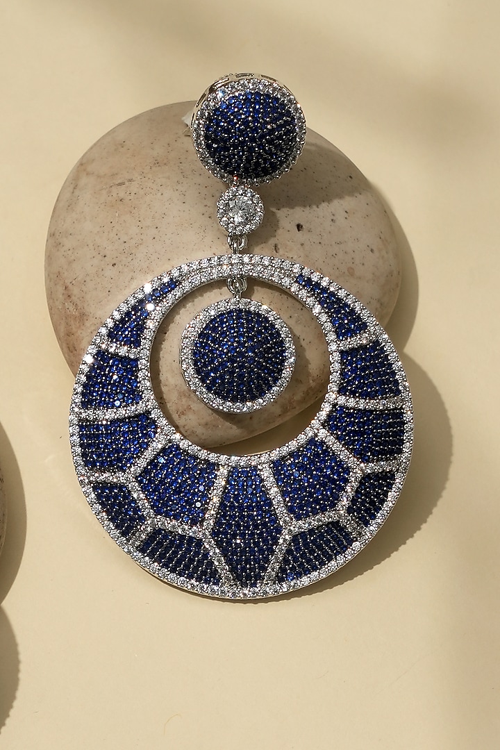 White Rhodium Finish American Diamond & Blue Stone Dangler Earrings by Beryachi at Pernia's Pop Up Shop