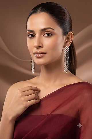 White Rhodium Finish American Diamond Dangler Earrings by Beryachi
