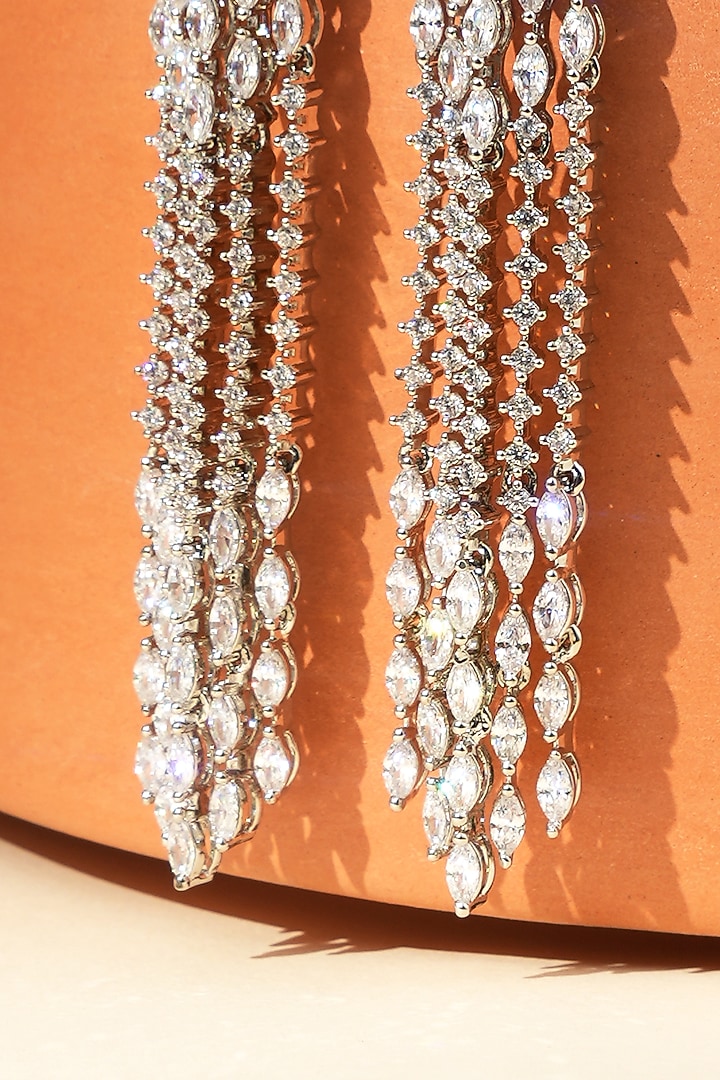 White Rhodium Finish American Diamond Dangler Earrings by Beryachi at Pernia's Pop Up Shop