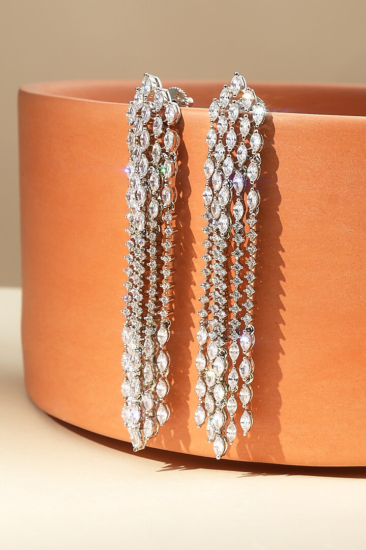 White Rhodium Finish American Diamond Dangler Earrings by Beryachi at Pernia's Pop Up Shop