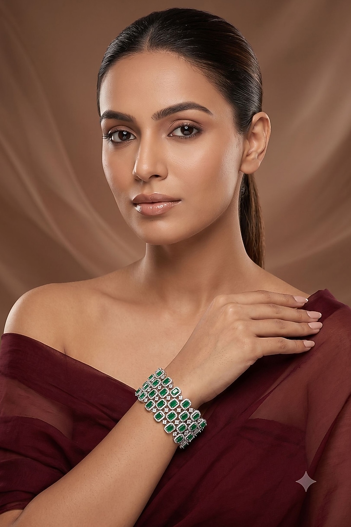 White Rhodium Finish American Diamond & Green Stone Bracelet by Beryachi at Pernia's Pop Up Shop