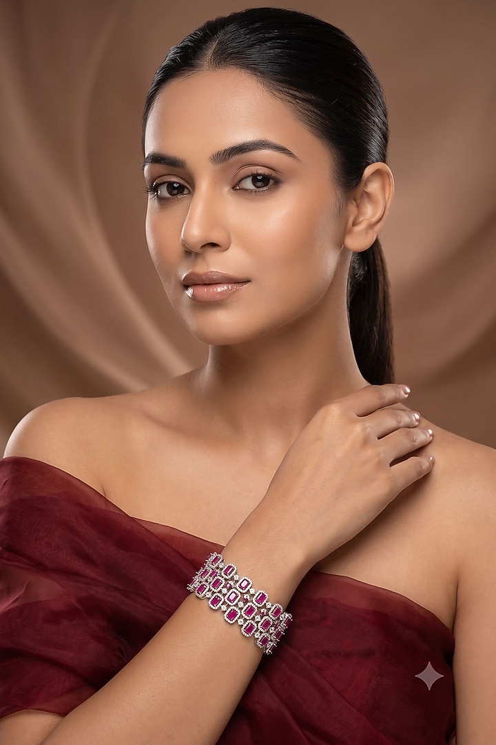 White Rhodium Finish American Diamond & Ruby Stone Bracelet by Beryachi at Pernia's Pop Up Shop