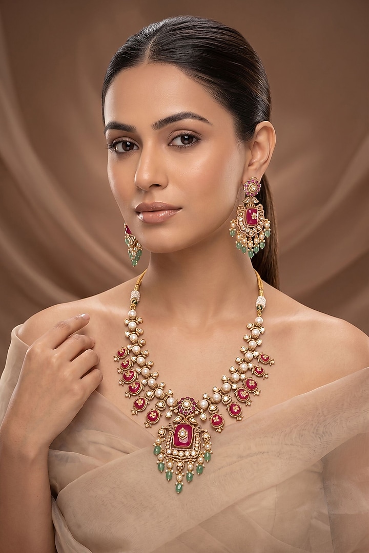 Gold Finish Kundan Polki & Red Doublet Stone Necklace Set by Beryachi at Pernia's Pop Up Shop