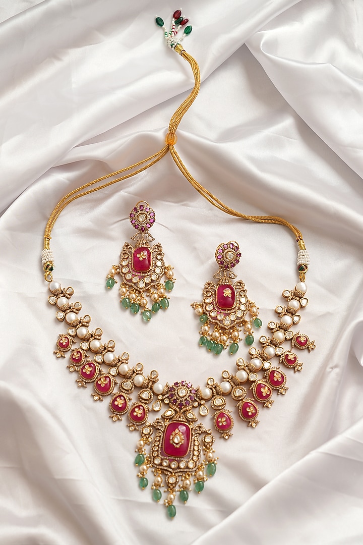 Gold Finish Kundan Polki & Red Doublet Stone Necklace Set by Beryachi at Pernia's Pop Up Shop
