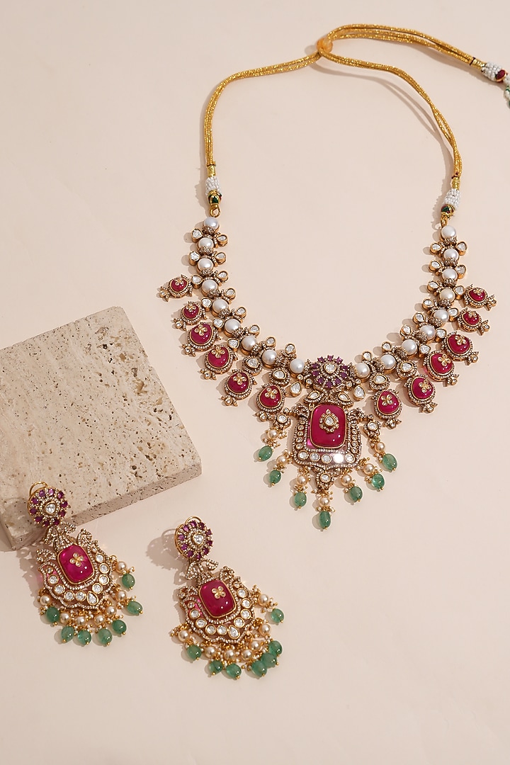 Gold Finish Kundan Polki & Red Doublet Stone Necklace Set by Beryachi at Pernia's Pop Up Shop