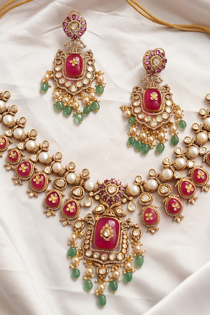 Gold Finish Kundan Polki & Red Doublet Stone Necklace Set by Beryachi at Pernia's Pop Up Shop
