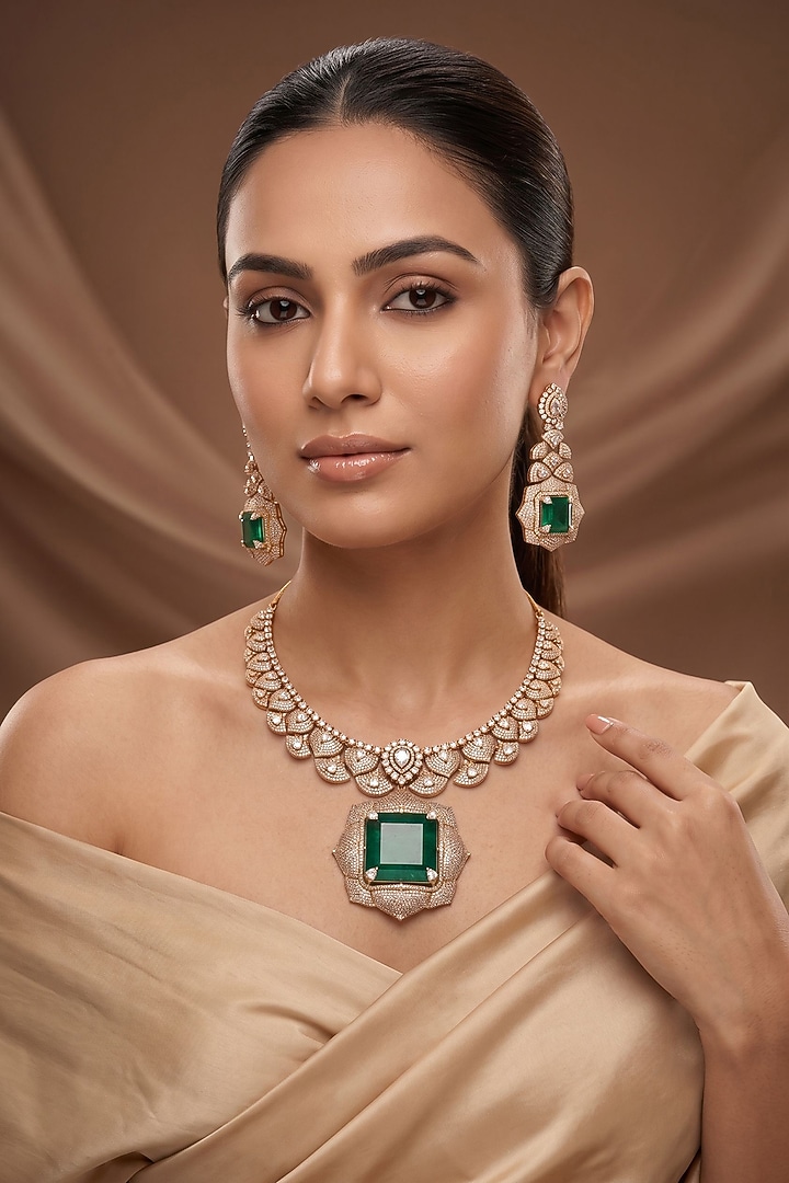 Gold Finish Kundan Polki & Green Stone Necklace Set by Beryachi at Pernia's Pop Up Shop
