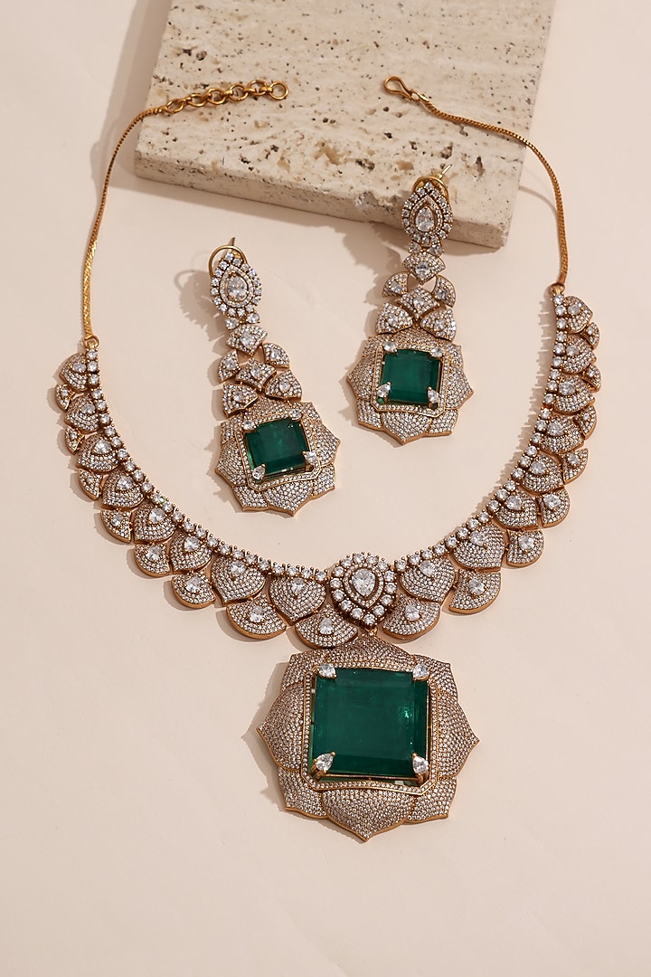 Gold Finish Kundan Polki & Green Stone Necklace Set by Beryachi at Pernia's Pop Up Shop