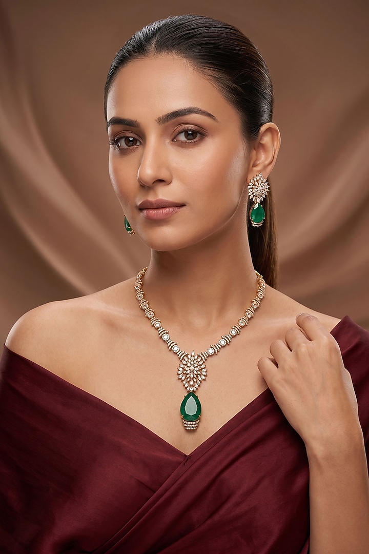 Gold Finish Moissanite Kundan Polki & Green Stone Necklace Set by Beryachi at Pernia's Pop Up Shop