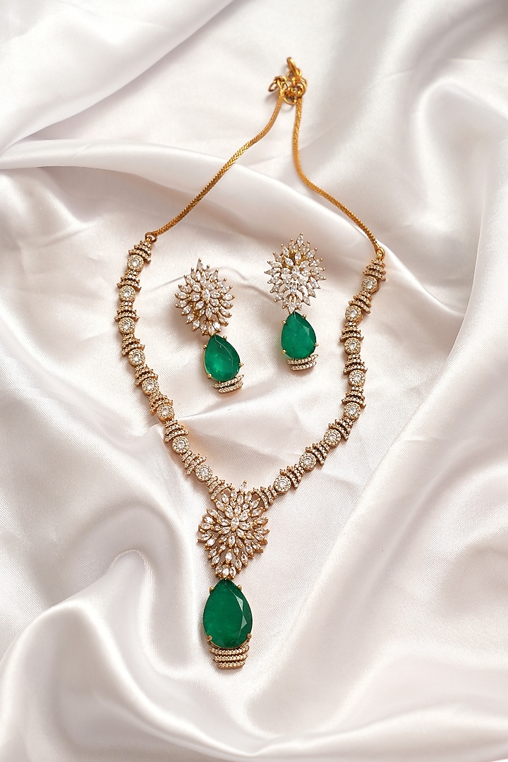 Gold Finish Moissanite Kundan Polki & Green Stone Necklace Set by Beryachi at Pernia's Pop Up Shop
