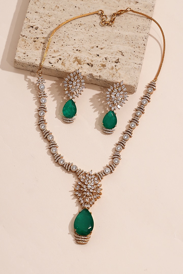 Gold Finish Moissanite Kundan Polki & Green Stone Necklace Set by Beryachi at Pernia's Pop Up Shop