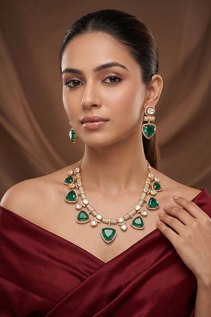 Gold Finish Moissanite Kundan Polki & Green Stone Necklace Set by Beryachi at Pernia's Pop Up Shop