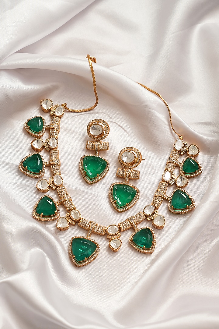 Gold Finish Moissanite Kundan Polki & Green Stone Necklace Set by Beryachi at Pernia's Pop Up Shop