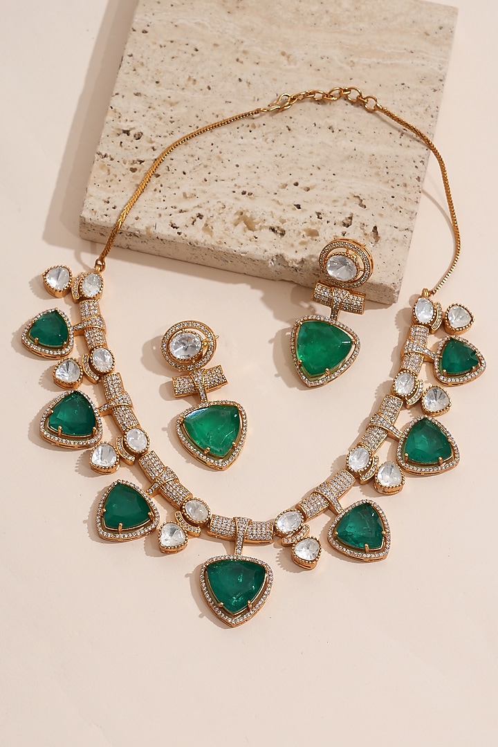 Gold Finish Moissanite Kundan Polki & Green Stone Necklace Set by Beryachi at Pernia's Pop Up Shop