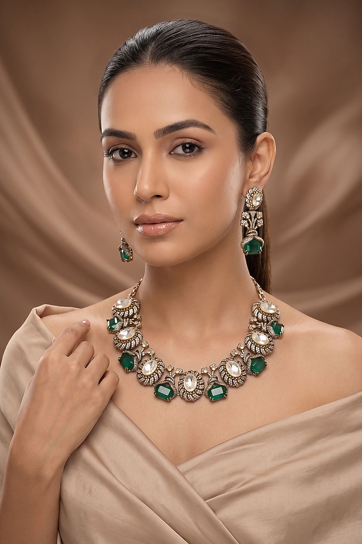 Gold Finish Moissanite Kundan Polki & Green Stone Necklace Set by Beryachi at Pernia's Pop Up Shop