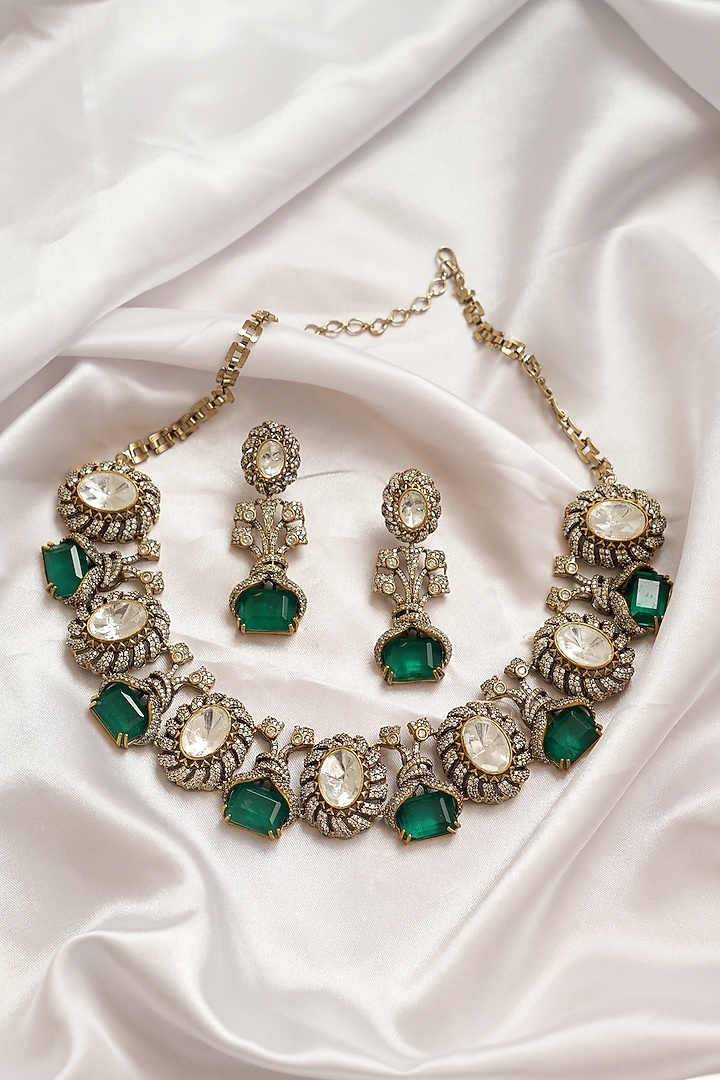 Gold Finish Moissanite Kundan Polki & Green Stone Necklace Set by Beryachi at Pernia's Pop Up Shop