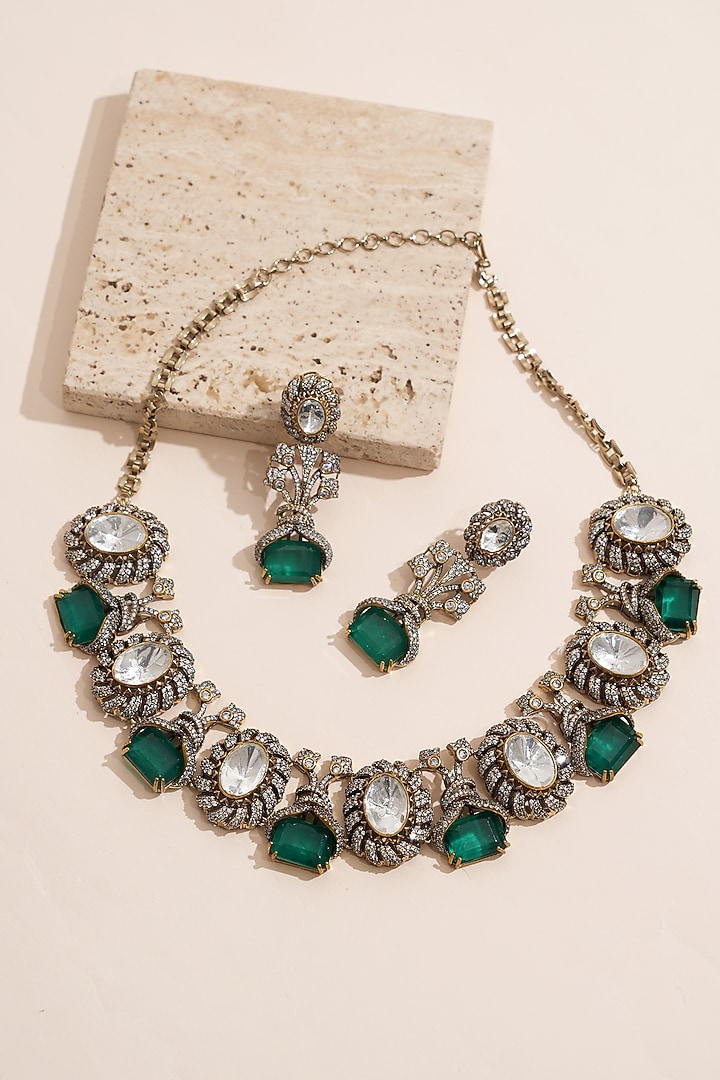 Gold Finish Moissanite Kundan Polki & Green Stone Necklace Set by Beryachi at Pernia's Pop Up Shop