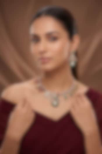 Gold Finish Moissanite Kundan Polki & Green Stone Necklace Set by Beryachi at Pernia's Pop Up Shop