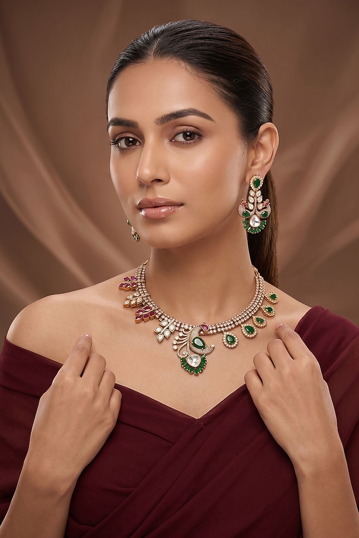 Gold Finish Moissanite Kundan Polki & Green Stone Necklace Set by Beryachi at Pernia's Pop Up Shop