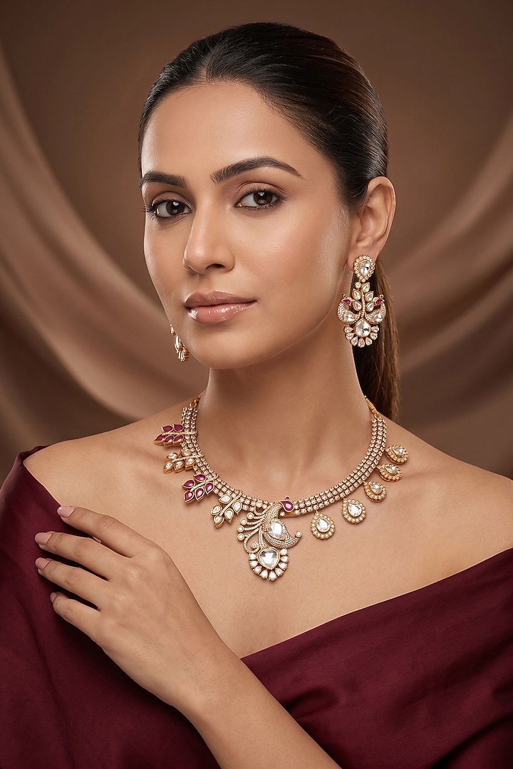 Gold Finish Moissanite Kundan Polki & White Stone Necklace Set by Beryachi at Pernia's Pop Up Shop