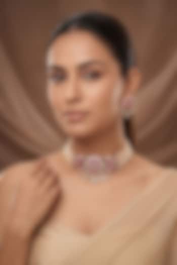 Gold Finish Moissanite Kundan Polki & Multi-Colored Stone Floral Choker Necklace Set by Beryachi at Pernia's Pop Up Shop