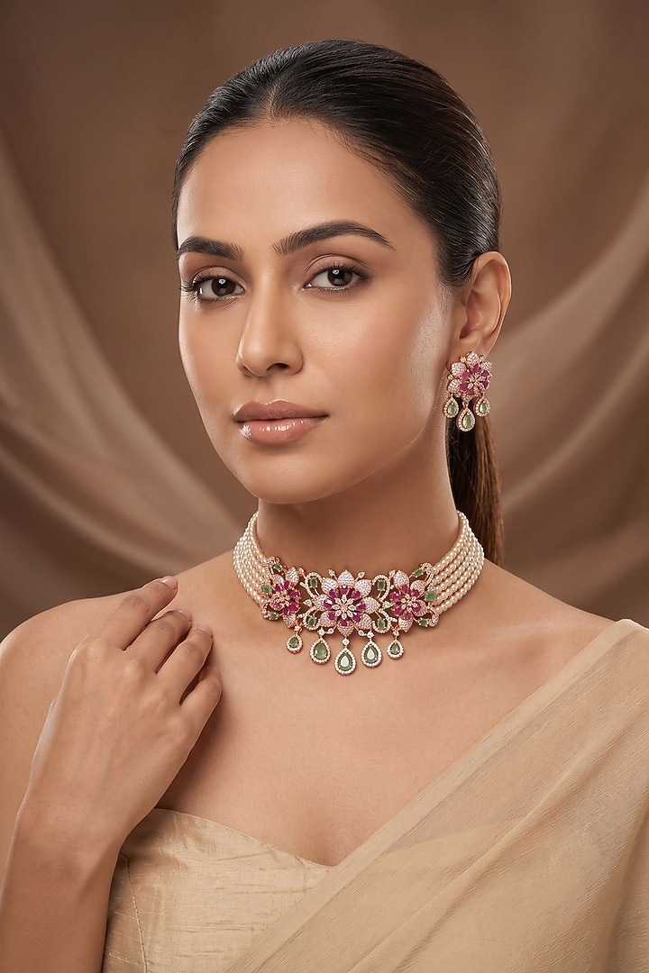 Gold Finish Moissanite Kundan Polki & Multi-Colored Stone Floral Choker Necklace Set by Beryachi at Pernia's Pop Up Shop