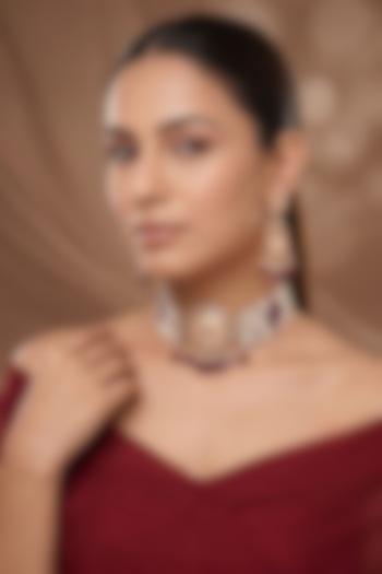 Gold Finish Moissanite Kundan Polki & Maroon Stone Choker Necklace Set by Beryachi at Pernia's Pop Up Shop