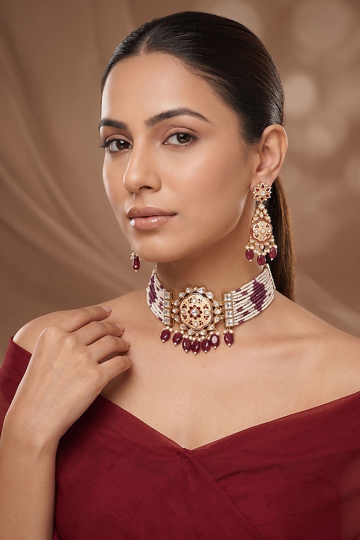 Gold Finish Moissanite Kundan Polki & Maroon Stone Choker Necklace Set by Beryachi at Pernia's Pop Up Shop