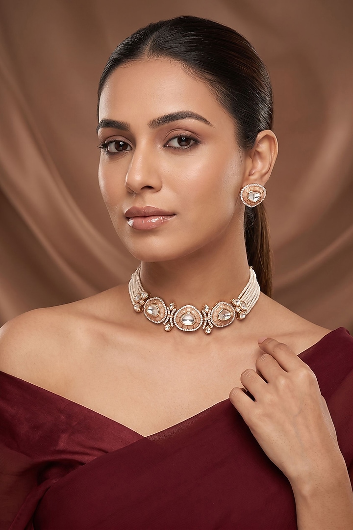 Gold Finish Moissanite Kundan Polki Choker Necklace Set by Beryachi at Pernia's Pop Up Shop