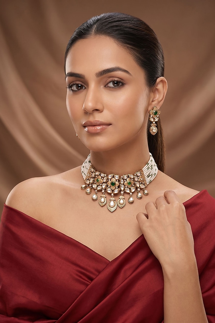 Gold Finish Moissanite Kundan Polki Choker Necklace Set by Beryachi at Pernia's Pop Up Shop