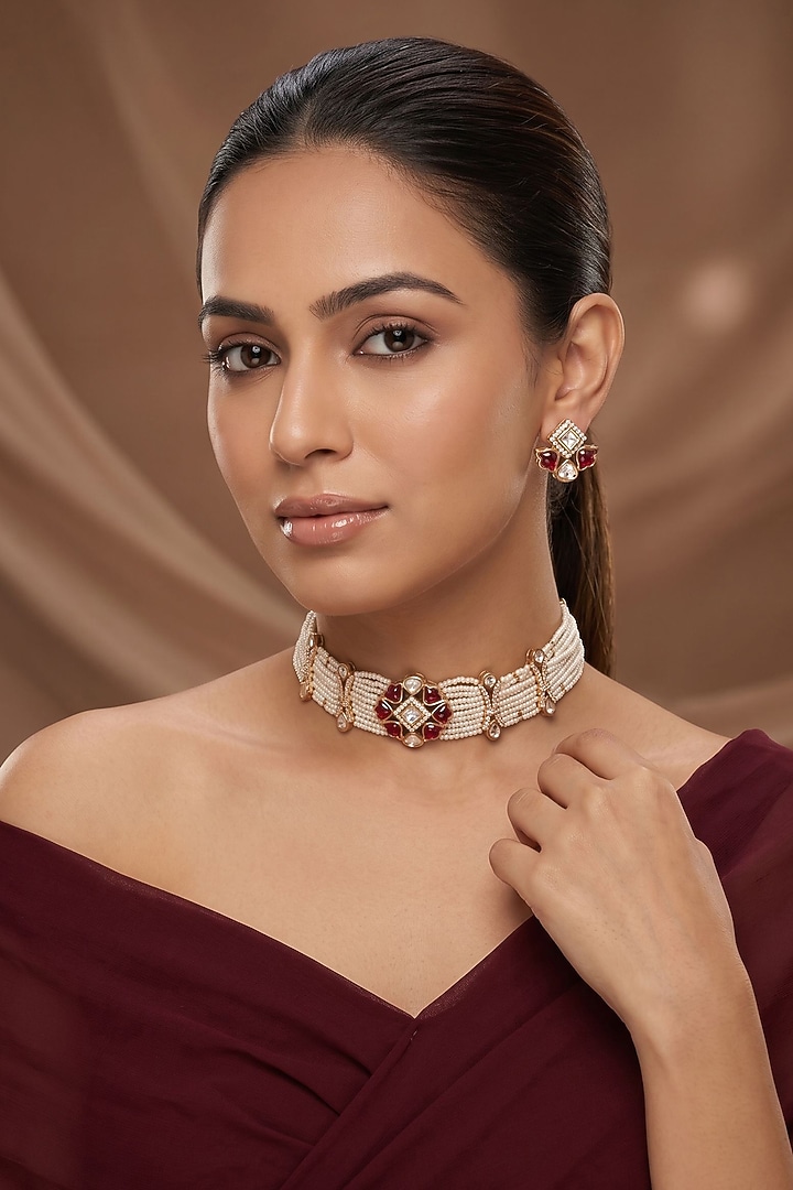 Gold Finish Moissanite Kundan Polki & Pearl Beaded Choker Necklace Set by Beryachi at Pernia's Pop Up Shop