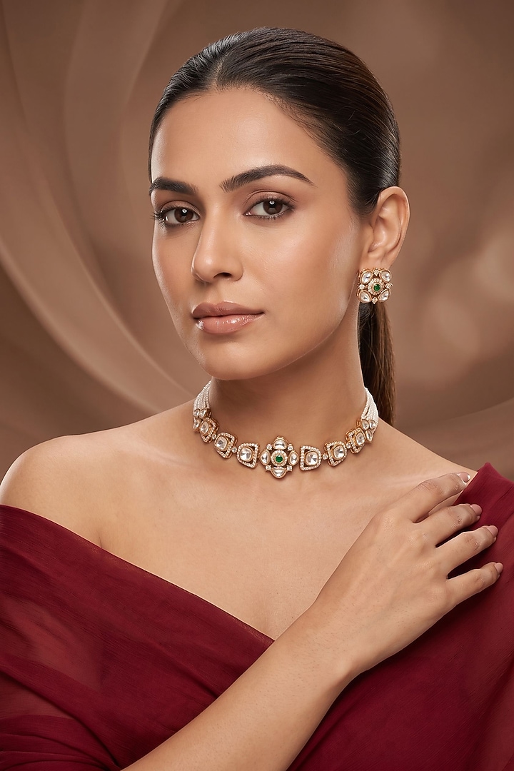 Gold Finish Moissanite Kundan Polki Choker Necklace Set by Beryachi at Pernia's Pop Up Shop