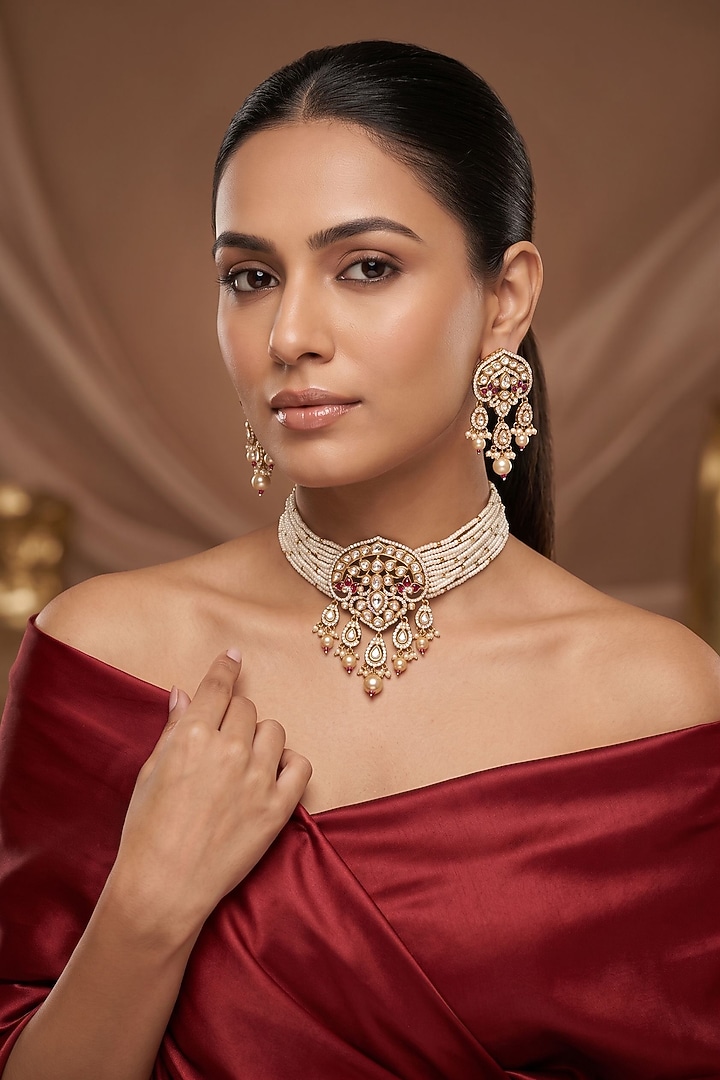 Gold Finish Moissanite Kundan Polki Choker Necklace Set by Beryachi at Pernia's Pop Up Shop