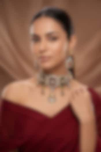 Gold Finish Moissanite Kundan Polki Choker Necklace Set by Beryachi at Pernia's Pop Up Shop