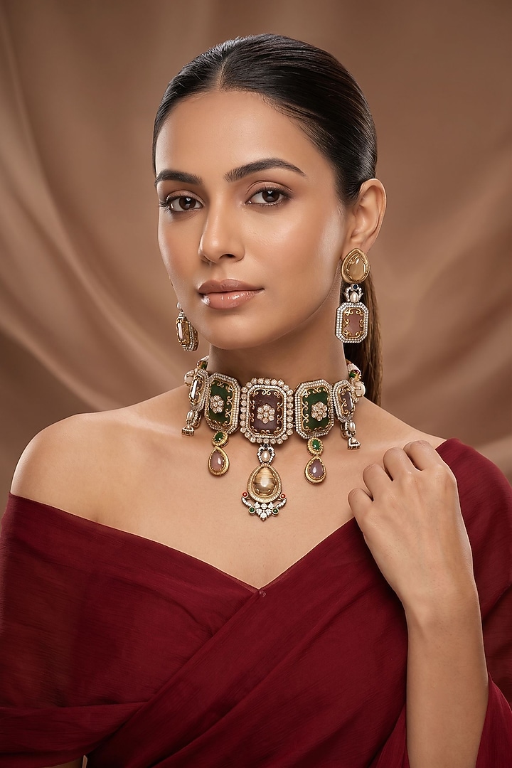 Gold Finish Moissanite Kundan Polki Choker Necklace Set by Beryachi at Pernia's Pop Up Shop