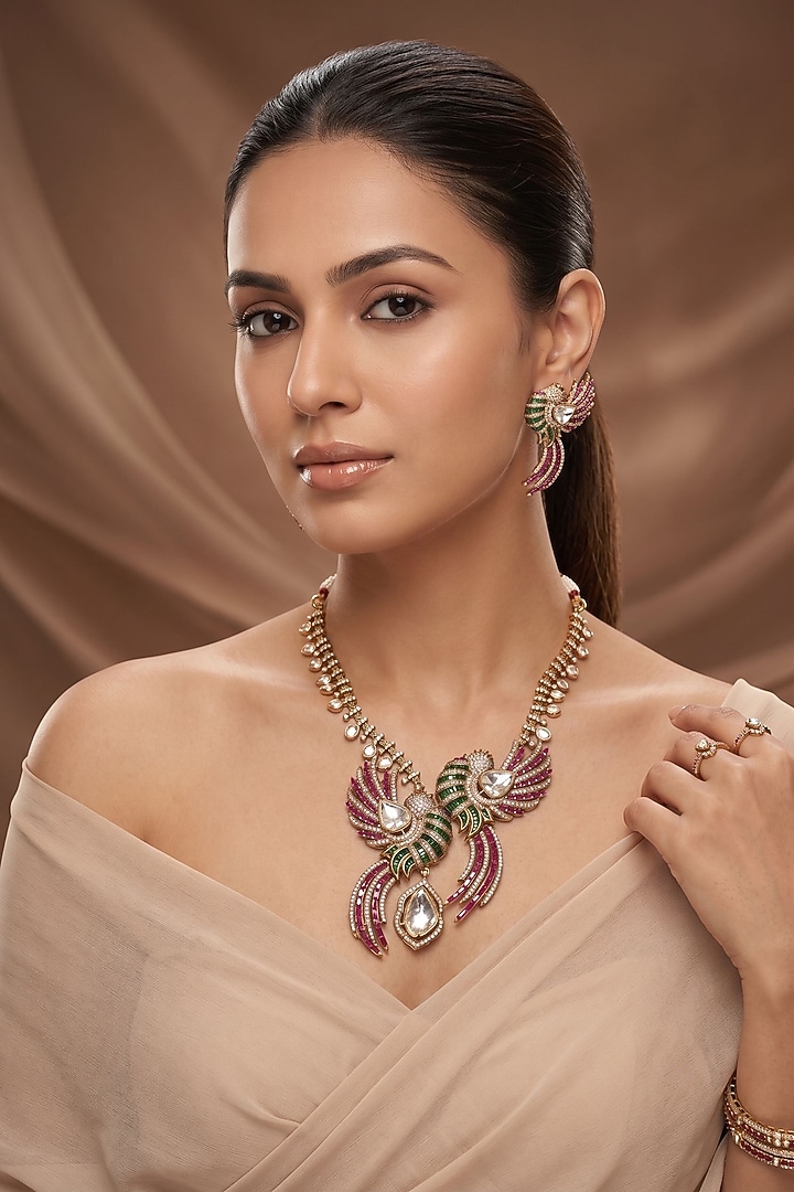 Gold Finish Moissanite Kundan Polki Necklace Set by Beryachi at Pernia's Pop Up Shop