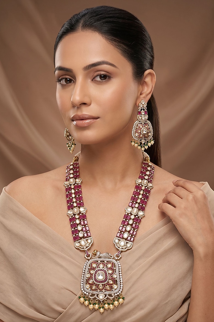 Gold Finish Moissanite Kundan Polki & Red Stone Long Necklace Set by Beryachi at Pernia's Pop Up Shop