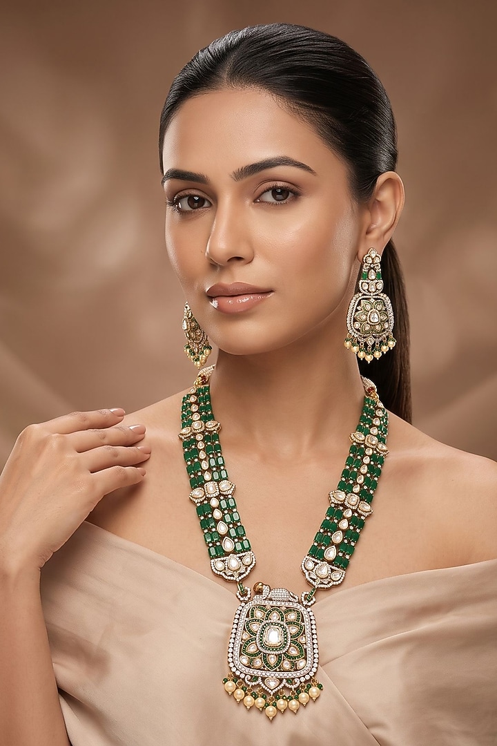 Gold Finish Moissanite Kundan Polki & Emerald Stone Long Necklace Set by Beryachi at Pernia's Pop Up Shop