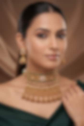 Gold Finish Moissanite Kundan Polki Choker Necklace Set by Beryachi at Pernia's Pop Up Shop